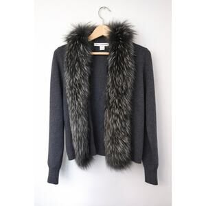 Diane Von Furstenberg Black 100% Wool Medium Sweater Removable Real Fur Collar